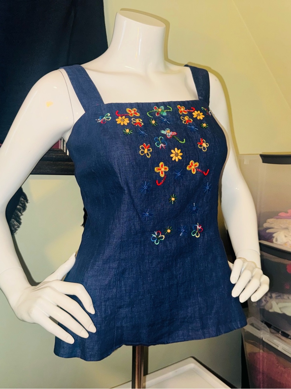 👑 Size 4 Designer Donna Morgan Navy Embroidered Denim Tank Dress - Picture 9 of 16